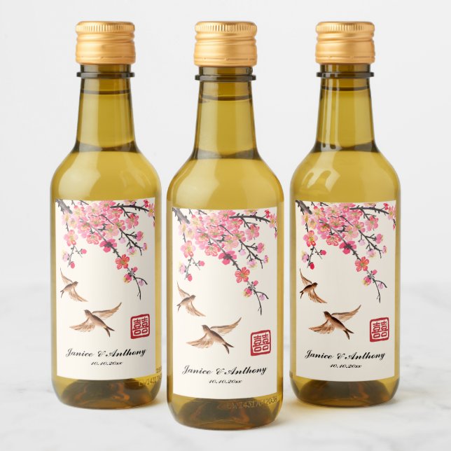 Chinese Ink painting flowers and birds wedding Wine Label (Bottles)