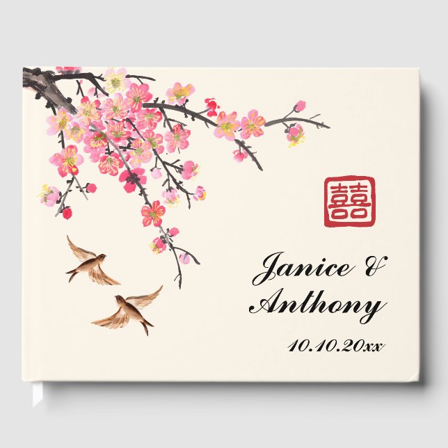 Chinese ink painting flowers birds wedding  guest book (Front)