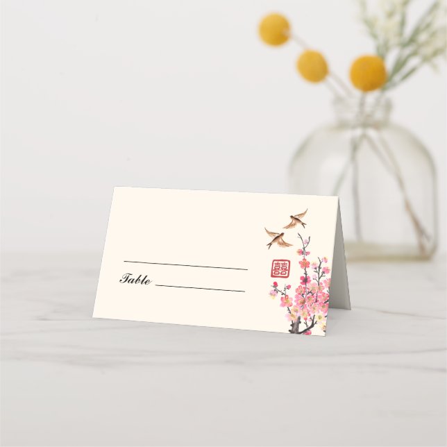 Chinese ink painting flowers birds wedding place card (Front)