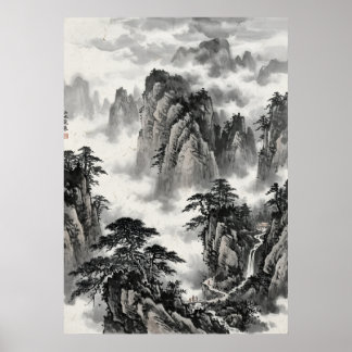 Chinese Ink Wash Landscape Misty Mountains Pine Tr Poster