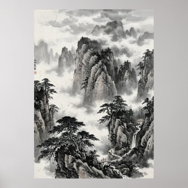 Chinese Ink Wash Landscape Misty Mountains Pine Tr Poster (Front)