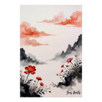 Chinese Ink Wash Poppy Art
