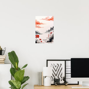 Chinese Ink Wash Poppy Art Poster
