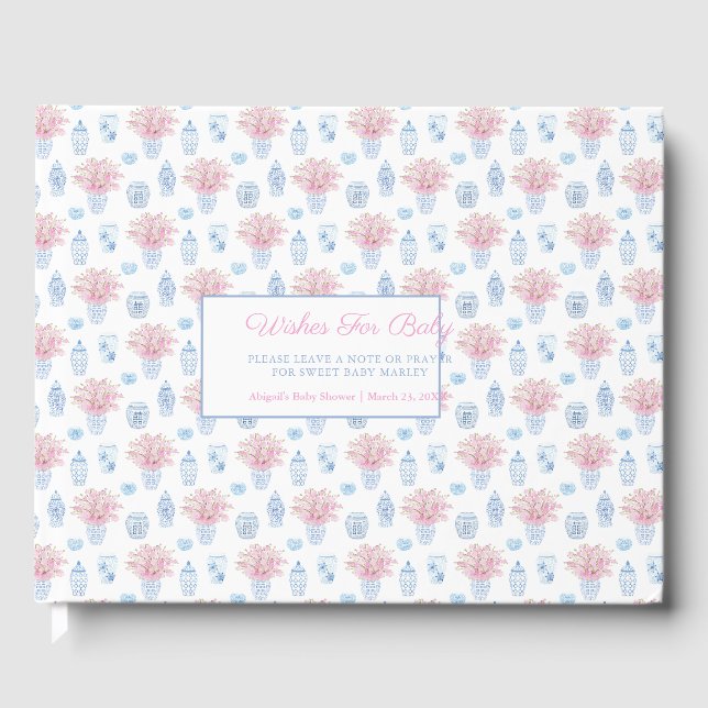 Chinese Jar Blue White Pink Wishes For Baby Shower Guest Book (Front)