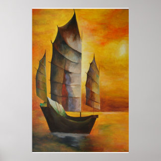 Chinese Junk In Ocher and Yellow Poster