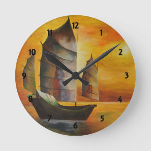 Chinese Junk In Ochre and Yellow Round Clock