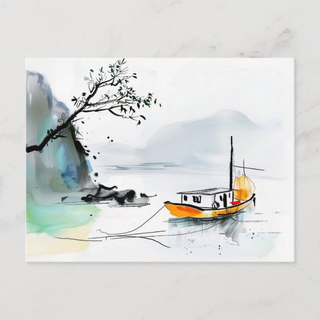 Chinese Junk Sailing on Tranquil Waters Postcard (Front)