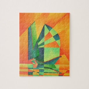 Chinese Junk Sails at Sunrise Orange And Green Jigsaw Puzzle