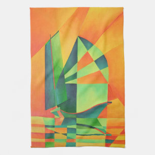 Chinese Junk Sails at Sunrise Orange And Green Tea Towel
