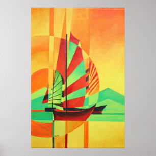 Chinese Junks Sail to Shore In Cubism Geo Art Poster