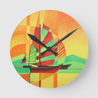 Chinese Junks Sail to Shore In Cubism Geo Art Round Clock