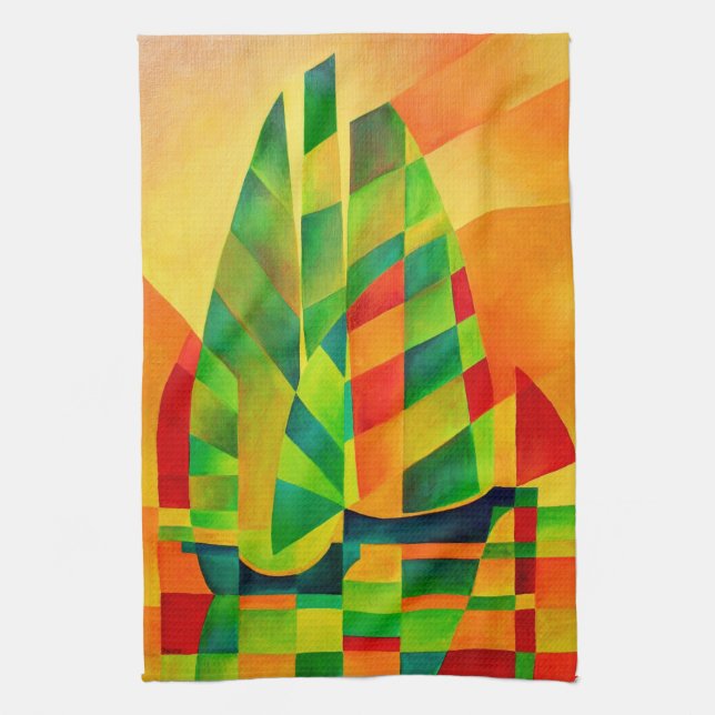 Chinese Junks, Sunset, Sails and Shadows Bold  Tea Towel (Vertical)