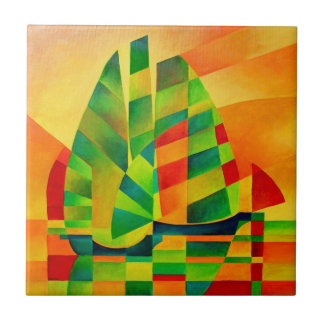Chinese Junks, Sunset, Sails and Shadows Bold Tile