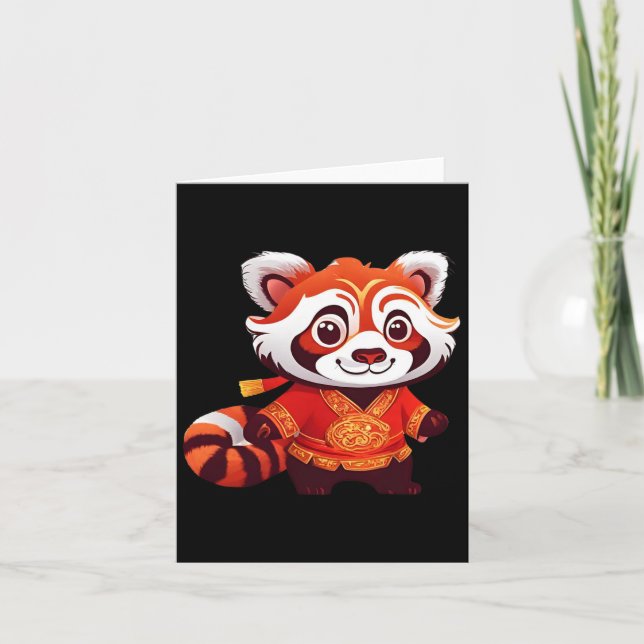 Chinese Kids Girls Boys Funny Red Panda Lion Dance Card (Front)