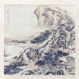Chinese Landscape Painting Vintage Art Black White Glass Coaster