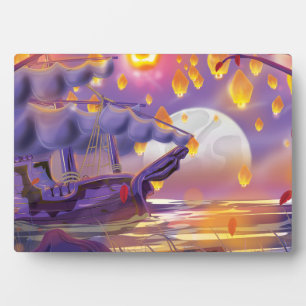Chinese Lanterns by a moonlit river Plaque