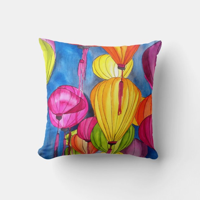 Chinese Lanterns modern watercolour art Cushion (Front)