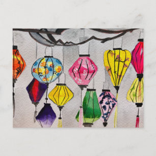 Chinese lanterns watercolor art postcard