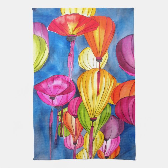 Chinese Lanterns watercolour fine art Tea Towel (Vertical)