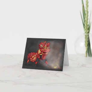 Chinese Lion Dancers Firecracker Illustration Card