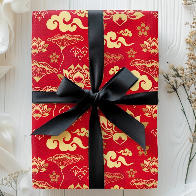 Chinese Lotus Oriental Asian Red Floral Pattern Wrapping Paper (Creator Uploaded)