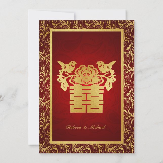 Chinese Love Birds Double Happiness Invitation (Front)
