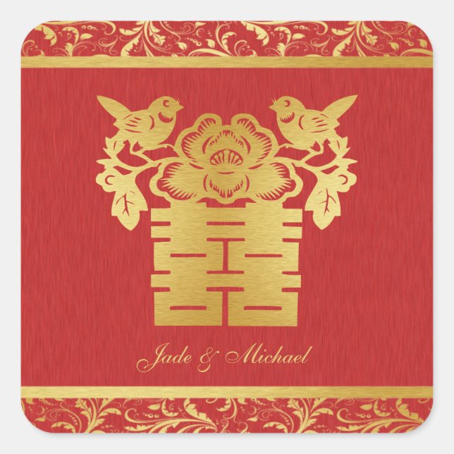 Chinese Love BIrds Double Happiness Wedding Square Sticker (Front)