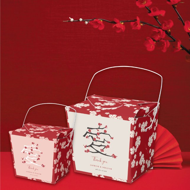 Chinese Love Red Cherry Blossoms Engagement Party  Favour Box (Chinese 'Ai' Love Red/Pink Cherry Blossoms Engagement/Wedding Party Favor Boxes @ fatfatin_red_knot)