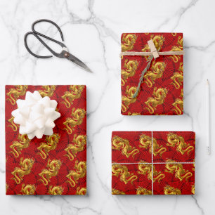 Chinese Lucky Dragon New Year 2024 3-Pack Wrapping Paper Sheet