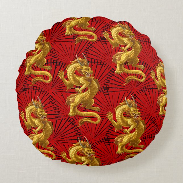 Chinese Lucky Gold Dragon Pouf Throw Pillow (Front)
