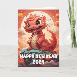 Chinese Lunar New Year 2024 Red Cute Dragon Card
