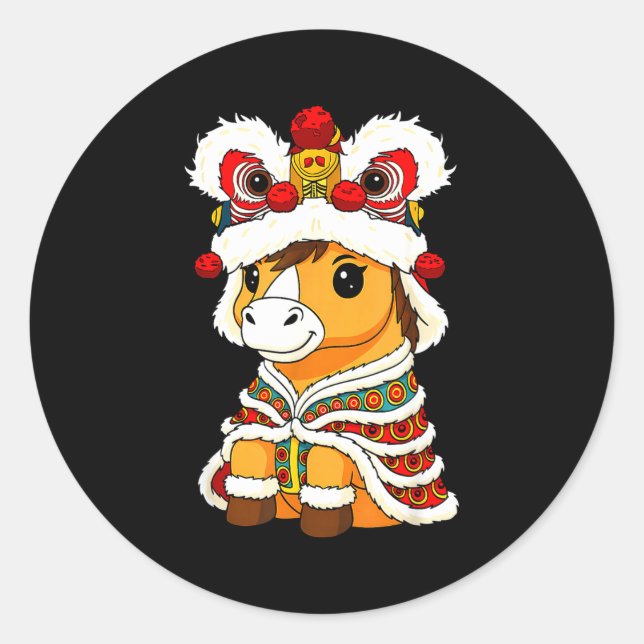 Chinese Lunar New Year Lion Dance Cute Horse China Classic Round Sticker (Front)