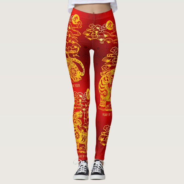 Chinese Lunar New Year of Tiger Gold Foil Red Leggings (Front)