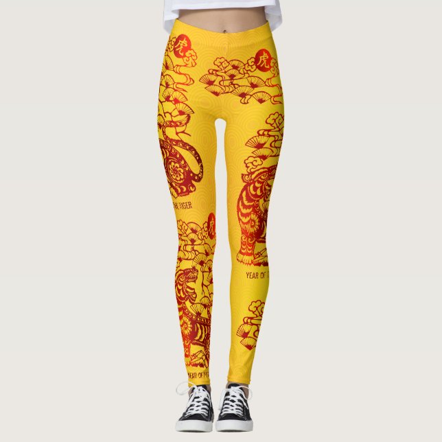 Chinese Lunar New Year of Tiger Red Foil Yellow Leggings (Front)
