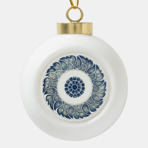 Chinese Medallion: Indigo Blue Chinoiserie Ceramic Ball Christmas Ornament