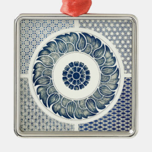 Chinese Medallion: Indigo Blue Chinoiserie Metal Tree Decoration
