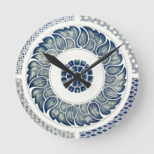 Chinese Medallion: Indigo Blue Chinoiserie Round Clock