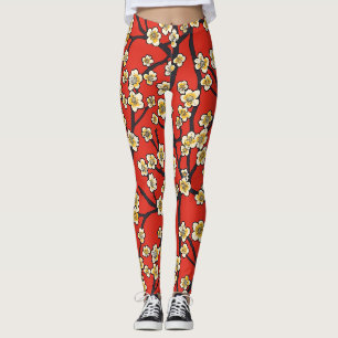 Chinese Meihua White Plum Blossom Crimson Pattern Leggings