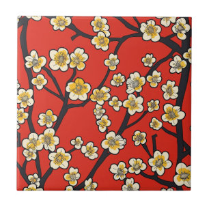 Chinese Meihua White Plum Blossom Crimson Pattern Tile