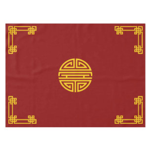 Chinese Motif Pattern Gold on Red Tablecloth