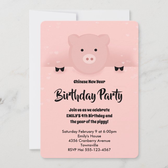 Chinese New Year 2019 Earth Pig Birthday Party Invitation (Front)