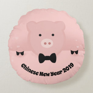 Chinese New Year 2019 Earth Pig in a Bow Tie Round Cushion