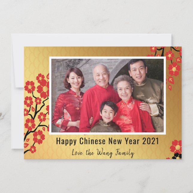Chinese new year 2021 family photo floral gold holiday card (Front)
