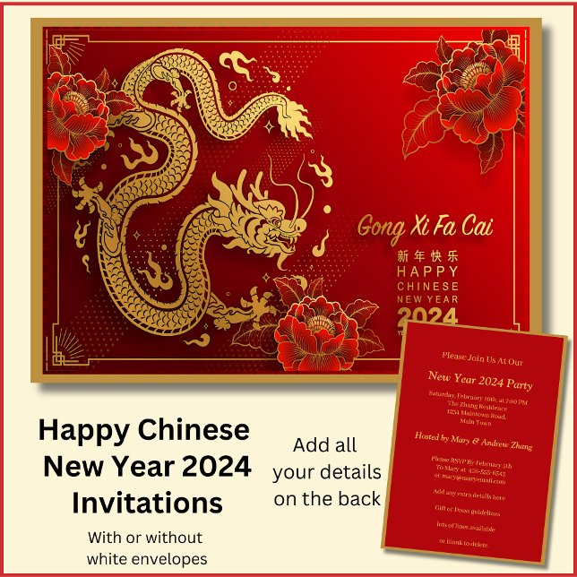 Chinese New Year 2024 Add Name, Red Gold Dragons Invitation (Creator Uploaded)