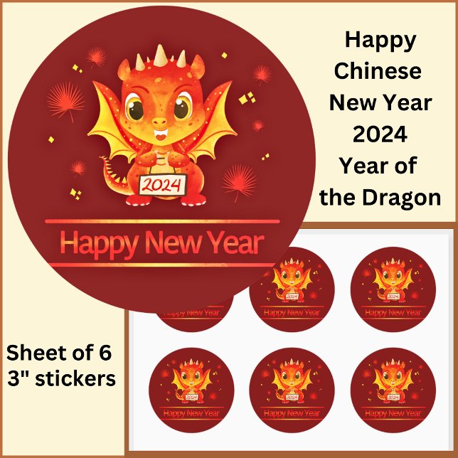 Chinese New Year 2024  Dragon Large 3" Classic Round Sticker (Creator Uploaded)