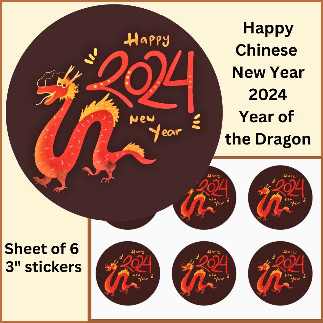 Chinese New Year 2024  Dragon Large 3" Classic Round Sticker (Creator Uploaded)