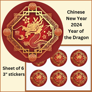 Chinese New Year 2024 Dragon Red Gold Large 3" Classic Round Sticker