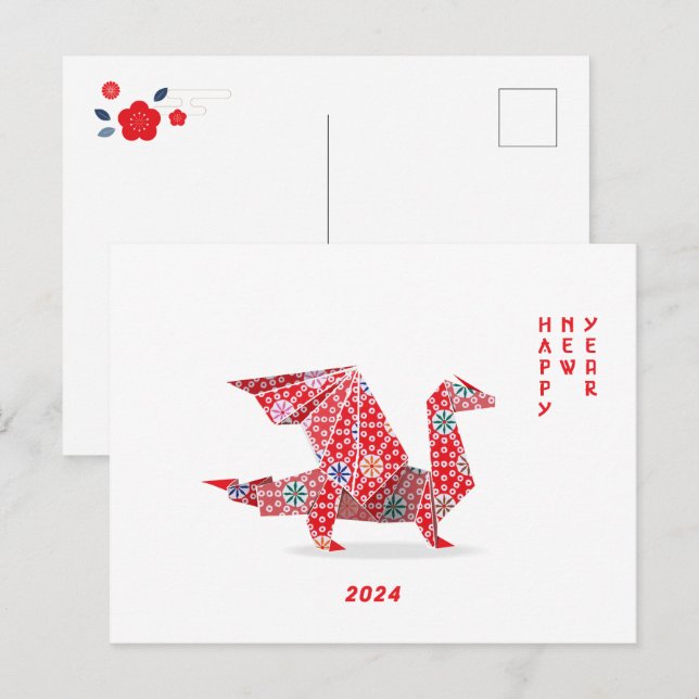 Chinese New Year 2024 Red Origami Dragon  Holiday Postcard (Front/Back)