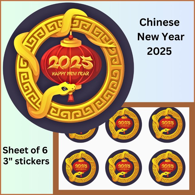 Chinese New Year 2025 Gold Snake on Black Large 3" Classic Round Sticker (Creator Uploaded)