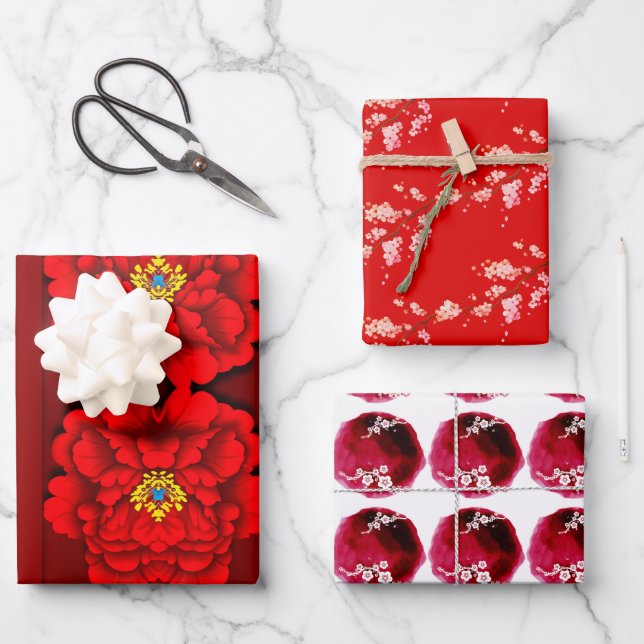 Chinese New Year Blossoms pattern 3SWP Wrapping Paper Sheet (Front)